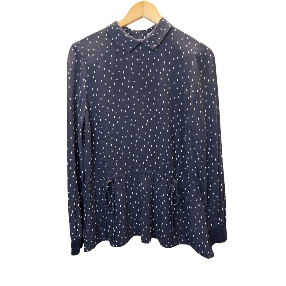 JUST Female Peplum Blouse Womens XS Navy Blue Raindrop Print Drawstring Top